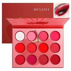 DE'LANCI Red Eyeshadow Palette,12 Color Matte Shimmer High Pigmented Mini Makeup Eyeshadow Pallet,Peach Coral Burgundy Rose Gold White Natural Blendable Long-Lasting Waterproof Small Pallets Eyeshadow