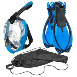 Phantom Aquatics Adult 180° Panoramic View Full Face Snorkel Mask, Adjustable Snorkeling Fins, Snorkel Set (Blue, ML/XL, 9-11 / EU: 41-45)