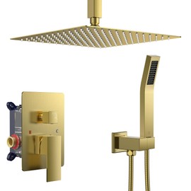 FORIOUS Shower Head System, 10 Inch Rain Shower Faucet Set with Handheld Spray Combo Rough-in Valve, Solid Brass Pressure Balanced Valve Trim Kit, Ceiling Mount, Brushed Gold
