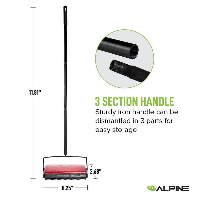 Alpine Manual Carpet Sweeper Triple Brush – Non Electric Multi-Surface