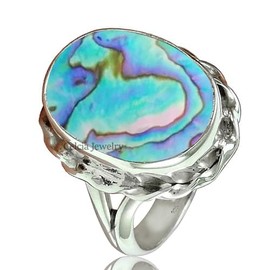 Genuine Abalone Shell Beautiful Gemstone Oval Ring, Pure 925 Sterling Silver Womens Ring, Statement Ring, Delicate Ring, Unique Anniversary Gifts for Mom (Abalone Shell, Size 9)