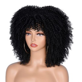 ANNISOUL 14Inch Short Curly Afro Wigs for Black Women Bomb Afro Kinky Curly Wig with Bangs Synthetic Fiber Full Wig(Black)