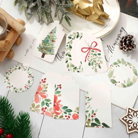 Whaline 120Pcs Christmas Paper Gift Tags Watercolor Xmas Tree Leaves Hanging Name Tag with Hemp Rope 8 Designs Label Tag for Holiday Party Favor Supplies