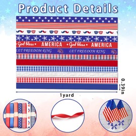 Hying 12 PCS Veterans Day Patriotic Ribbons for Crafting, 3/8" Width Grosgrain Ribbons American Stripes Stars Craft Ribbon Red Blue Labor Day Ribbons for Gift Wrapping Memorial Day Decoration Supplies