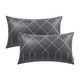 BRAWARM Leather Pillow Covers 12 X 20 Inches - Gray Faux Leather Lumbar Pillow Covers Pack of 2, Geometric Embroidery Leather Decorative Throw Pillows for Living Room Couch Bed Sofa Home