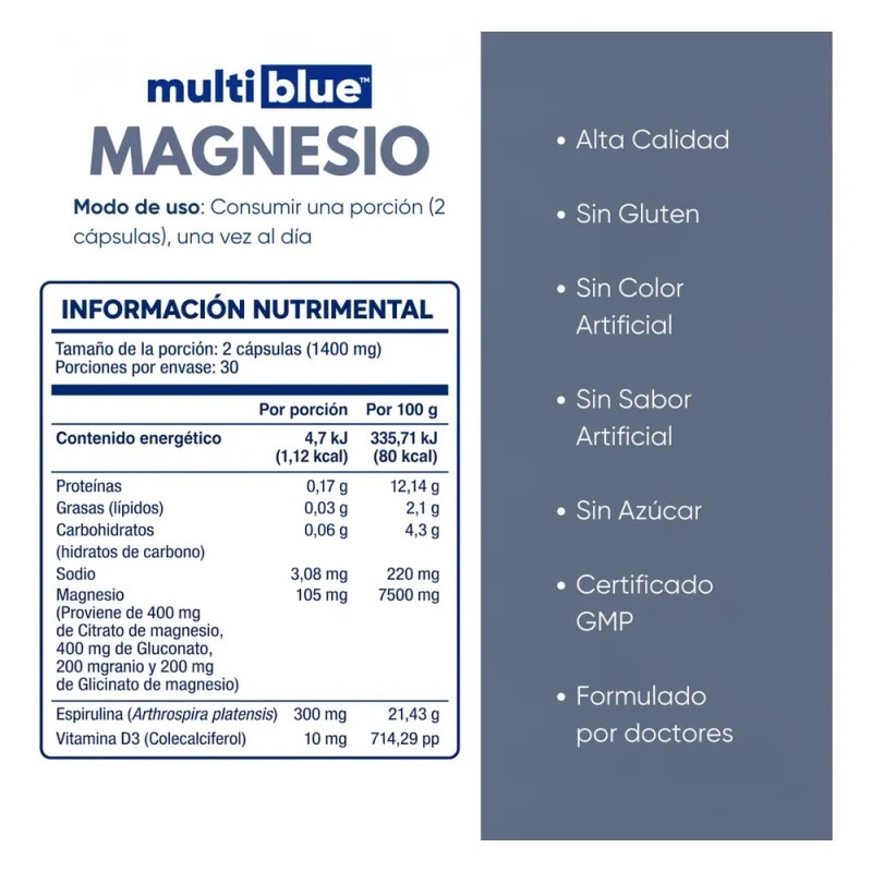 Multiblue Magnesio Con Vitaminas Fortalece Huesos 60caps Sabor Sin Sabor