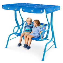 Costzon Porch Swing, Kids All-Weather Lounge Chair Hammock w/Adjustable Canopy & Safety Belts for 2 Children, Outdoor Swing for Backyard Patio Lawn Garden (Blue, Dinosaur)