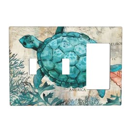 Nautical Biological Sea Turtles Combination Wall Plate Decorative 3 Gang Light Switch Cover Double Toggle Single Rocker Switchplate Electrical Faceplate for Farmhouse Bathroom Home Decor