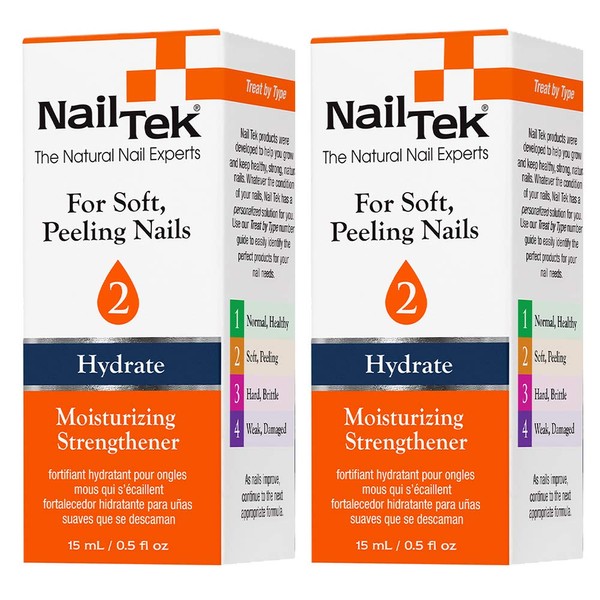 Nail Tek Hydrate 2, Moisturizing Strengthener for Soft and Peeling Nails, Nourish, Protect Nails from Chips, Splits, Peeling, and Breakage, 0.5 oz, 2-Pack