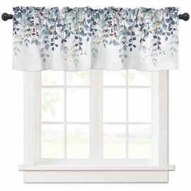 CosyBright Blue Eucalyptus Leaves Window Valance Watercolor Blue Plant Leaf Window Treatment Blue Green Leaves Rod Pocket Curtain Valance,42x12 inch Botanical Kitchen Valance for Bedroom Bathroom
