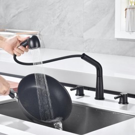 RULIA Kitchen Faucet, 2 Handles Kitchen Sink Faucet, 3 Holes Sink Faucet, Pull Out Kitchen Faucets, Bar Kitchen Faucet, Matte Black, Stainless Steel, RB1065