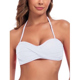 Colloyes Women's Swimwear Twist Bandeau Bikini Top Plus Size Bathing Suit White Size Large
