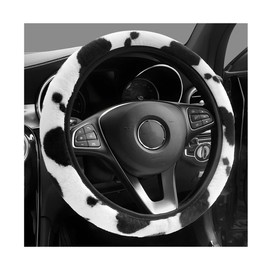 ZNDAW Cow Print Car Steering Wheel Cover, Fluffy Cow Print Anti-Slip Steering Wheel Protector for Winter Warm, Furry Cows Cute Wheel Wrap Cover Vehicle Interior Decoration