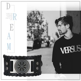 Flongo Leather Bracelet Men's Large Leather Bracelet Men's Bangle Viking Cuff Black Brown Adjustable Motorcycle Biker Men's Accessories, Metal