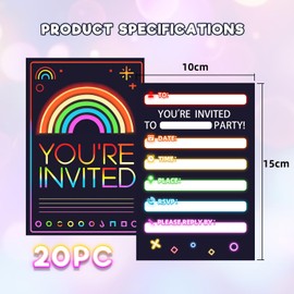 Neon Party Invitations - 20 PCS Glow Rainbow Theme Birthday Invites | Vibrant Neon Design, Rectangular Cards | Kids' Birthday Party, Disco & Festival Invitations, Ready to Write