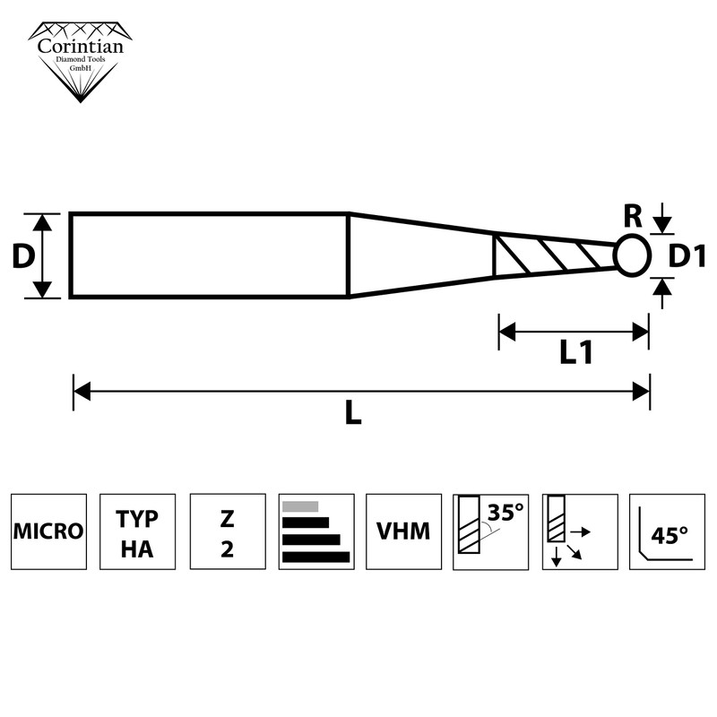 Corintian Solid carbide micro radius milling cutter, ball end mill,