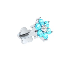 Demira Jewels 14K White Gold Real Blue Topaz & Diamond Flower Nose Lip Labret Piercing Stud Screw Pin