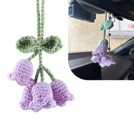 Ferianl Cute Lily of The Valley Car Rear View Mirror Hanging, Funny Car Interior Rear View Mirror Charm, Hand-Woven Flower Pendant, Automotive Decorations Interior for Women Teen Girl (Purple)