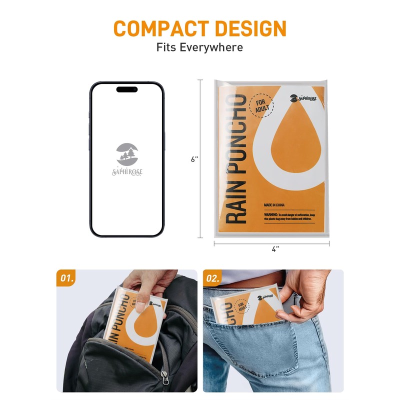 SaphiRose Disposable Rain Ponchos Emergency Clear Poncho (4 pack, Clear)