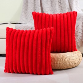 FUTEI Red Striped Decorative Throw Pillow Covers 18x18 Inch Set of 2,Square Winter Decorations Couch Pillow Case,Soft Cozy Faux Rabbit Fur & Velvet Back,Modern Home Decor for Bed
