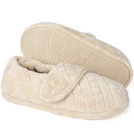 LazyStep Women's Nana Adjustable Slippers with Wide Width, Soft Curly Memory Foam Loafer Closed Back Slippers for Ladies Indoor (Beige, Size 7-8)