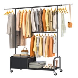 Raybee Clothes Racks for Hanging Clothes with Shelves, Adjustable Clothing Rack with Lockable Wheels, Multi-Functional Closet Rack For Bedroom, Heavy Duty Garment Racks 400 LBS for Hanging Clothes