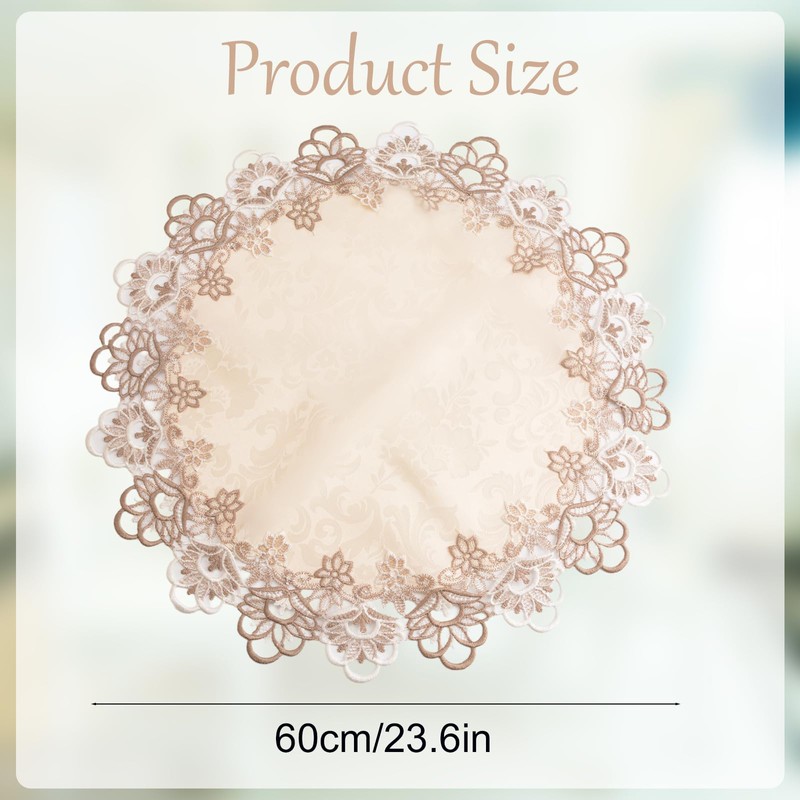 URROMA Linen Round Beige Table Cover with Lace Trim, Coffee