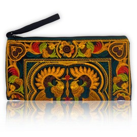 Sabai Jai - Embroidered Ethnic Clutch Purse Handbag for Women - Handmade Boho Bird Flower Wristlet (Gold/Ivy)