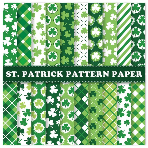 JarThenaAMCS 40 Sheets St. Patrick's Day Pattern Paper Green Shamrock Scrapbook Specialty Paper Double Sided Craft Paper For DIY Card Making Photo Album Journal Decor, 6 x 6 Inch