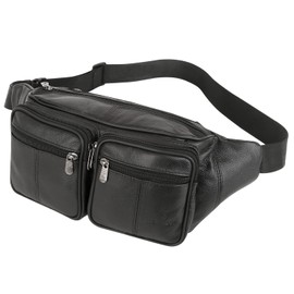 ZZNICK Genuine Leather Fanny Pack/Waist Bag/Organizer with Adjustable Belt, Multiple Pockets For Men and Women, Black-878 Large