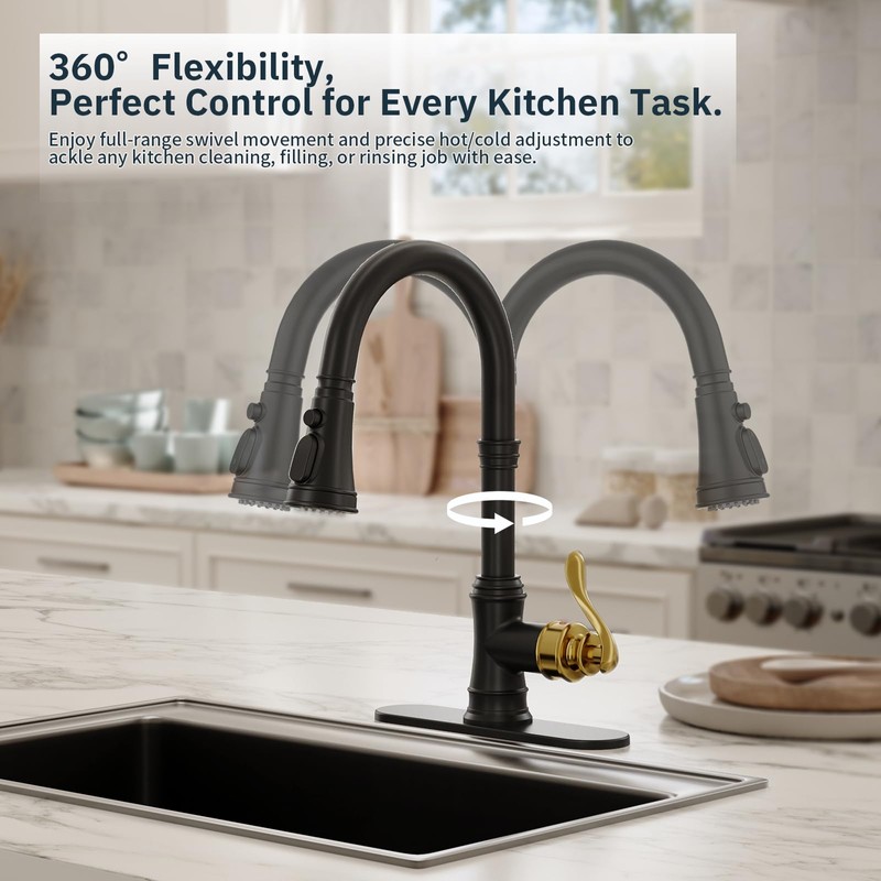 BWE Black Kitchen Faucet with Pull Down Sprayer and Gold