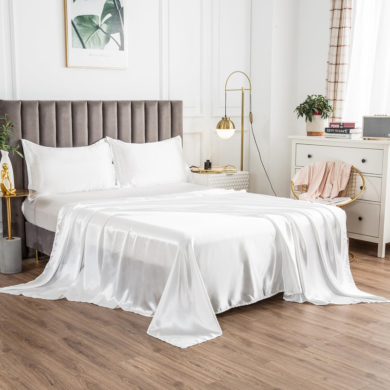 Morbuy Double Fitted Sheet Satin Silk Bed Sheets, White Fitted