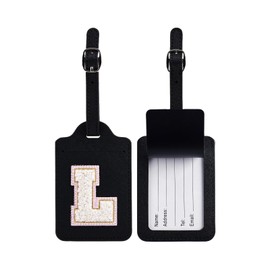 Initial Luggage Tags, PU Leather Suitcase Tags for Baggage Handbag Travel Bag Tags with Privacy Cover Name Card, Lettered Embroidered Travel Bag Labels Gifts for Women Kids Teens(Black L)