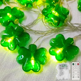 Fonusty St Patricks Shamrock String Lights Battery Operated 10Ft 20 LED Green Shamrock Lights with Timer, Indoor Outdoor Lucky Clover String Lights for Bedroom St. Patrick's Day Decor