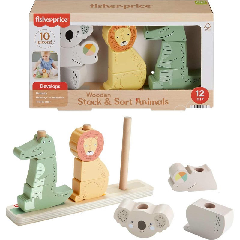 Fisher-Price Wood Baby Toy Stack & Sort Animals, 10 Wooden