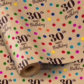 RUSPEPA 30th Wrapping Paper Birthday, Mini Roll, 17 Inches x 16.4 Feet, Kraft Paper Colorful Dots and 30th Happy Birthday Design for Women, Men, Birthday, Party, 30 Years Old