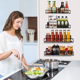 XIAPIA Magnetic Fridge Organizer Spice Rack with Paper Towel Holder and 5 Extra Hooks | 4 Tier Magnet Refrigerator Shelf in Kitchen Holds up to 45 LBS | 16x12x4 Inch Black… (4 Pack - Black)