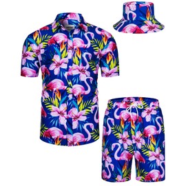 TUNEVUSE Mens Hawaiian Shirts and Shorts Set 2 Pieces Beach Outfits Flamingo Print Summer Tropical Suit with Bucket Hats Blue XX-Large