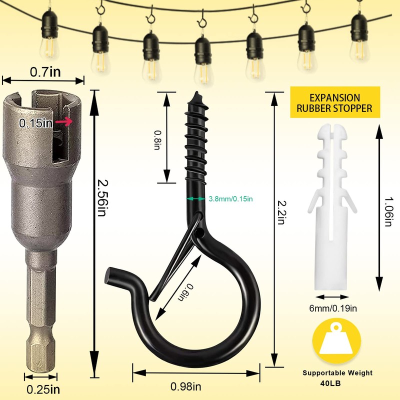 Hooks for Outdoor String Lights, 52 Pack Screw Hooks for