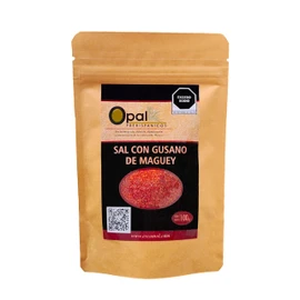 Sal con Gusano de Maguey - Opal Prehispánicos - 100g. La sal con el sabor más intenso y auténtico a gusano rojo de maguey en el mercado. Ideal para carnes, mariscos, frutas y botanas, siendo el complemento perfecto para un mezcal y coctelería. No es solo