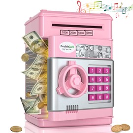 Alcancía Electrónica para Niños, Alcancía con Contraseña, Bonita Mini Cajero Automático, Caja Fuerte de Desplazamiento Automático, Gran y Práctico Regalo de Cumpleaños para Niños y Niñas (Rosa)
