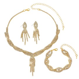 XFSRG Jewellery Set for Women Fashion Elegant Jewellery Bridal Drop Necklace Bracelets Rhinestone Earrings Pendant Set, Copper