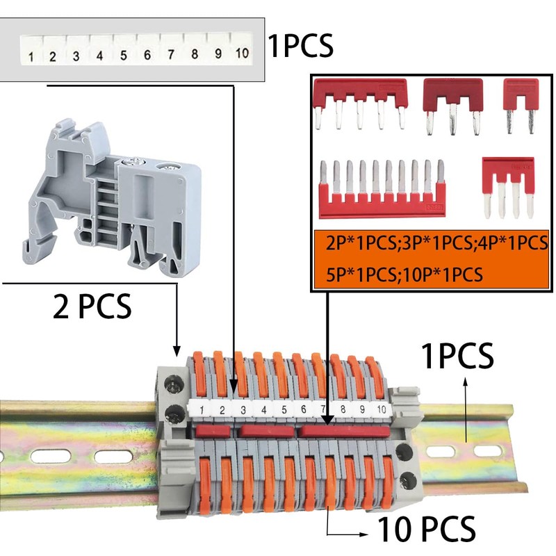 CTRICALVER DIN Rail Kit 10 Orange Terminal Blocks with Marking