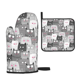 Cute Cartoon Cats Print Oven Mitts and Pot Holders Sets,Heat Resistant Non Slip Kitchen Gloves Hot Pads with Inner Cotton Layer for Cooking BBQ Baking Grilling