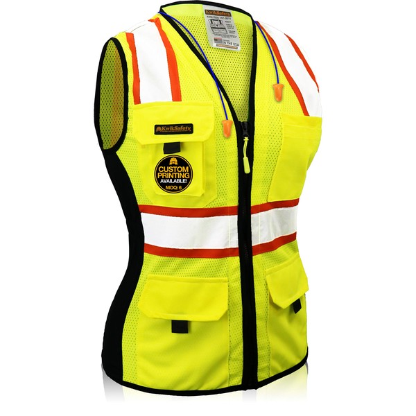 KwikSafety (Charlotte, NC) FIRST LADY Safety Vest for Women (Solid REFLECTIVE TAPE) Premium Class 2 Custom High Visibility ANSI OSHA 9 Pockets Fitted Construction Work with Zipper | Yellow Large