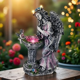 Solar Outdoor Figurine Lights Gnome Garden Decor Statue with LED Lantern, Glowing Fairy Yard Decorations for Outside Patio Yard Front Porch, Housewarming Home Decor Gifts Thanksgiving (Pink Angel)