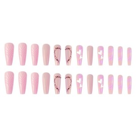 Pikabows Press On Nails Long Coffin Heart Rhinestone Swirl Fake Nails Acrylic False Nail Tips Kit Glue on Nails for Women