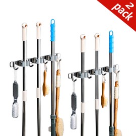 Broom Mop Holder Heavy Duty Wall Mount Stainless Steel Wall Mounted Storage Organizer Tools Hanger with 3 Racks 4 Hooks for Lanudry Garage Kitchen Bathroom Closet Office Garden (2 PCS)