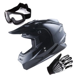 1Storm Adult Motocross Helmet BMX MX ATV Dirt Bike Helmet Racing Style Glossy Black; + Goggles + Skeleton Black Glove Bundle
