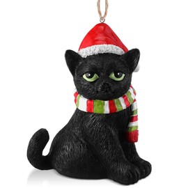 Black Cat Christmas Ornament 3D, Cat Figurine Christmas Tree Ornament with Santa Hat & Candy Cane Scarf, 4.1 Inch Black Longhair Tabby Kitty Figurine for Xmas Village Display, Gift for Animal Lover